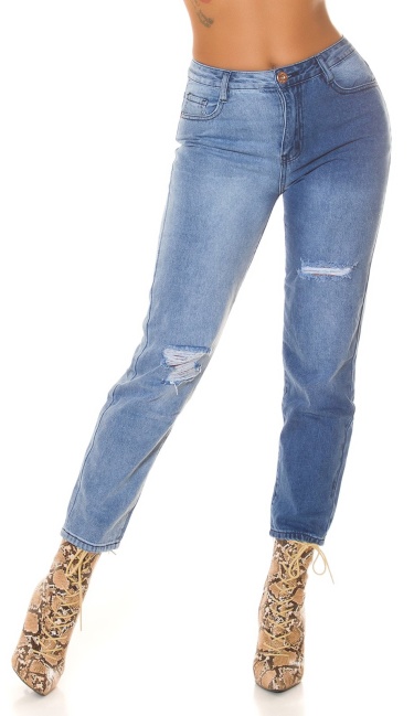 Hoge taille bi-color mom jeans gebruikte used look blauw